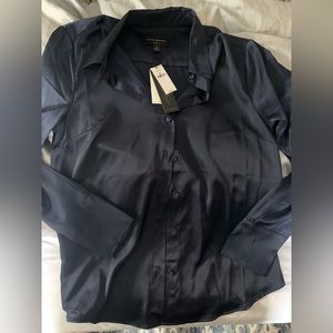 Banana Republic Factory Button Down Satin Blouse Navy Blue